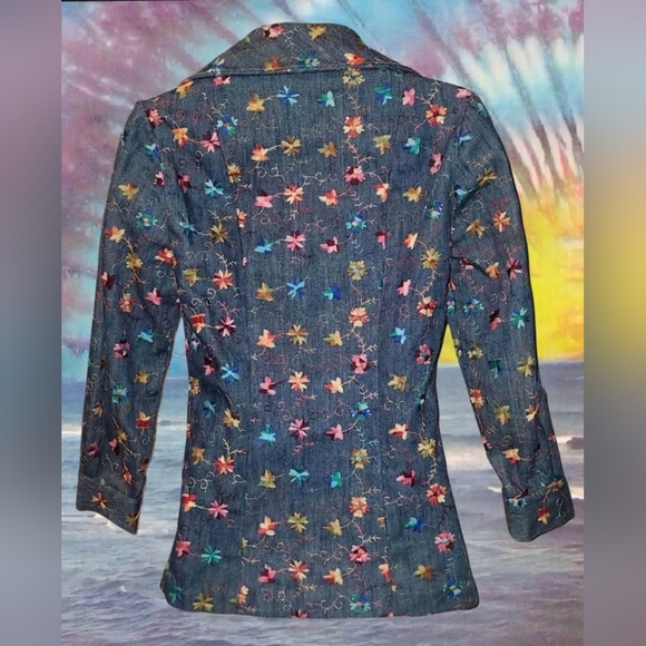 Gorgeous Vintage Denim Flower Power Embroidered Blazer Dagger Collar BOHO - Picture 3 of 4